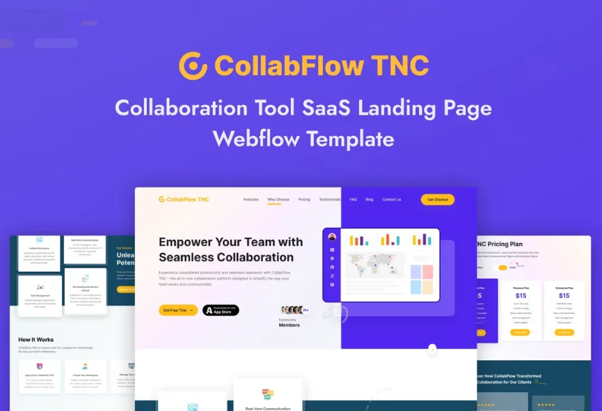 CollabFlow TNC Landing Page – New Webflow Template for Collaboration SaaS